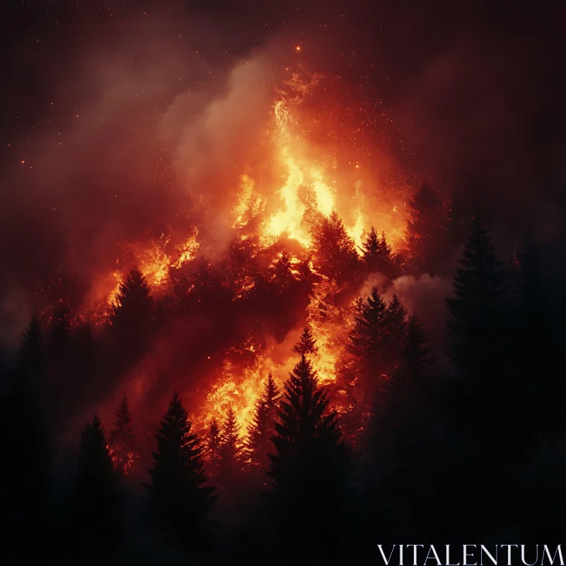 Nighttime Forest Blaze AI Image