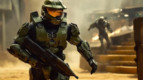Futuristic Soldier in Combat Zone