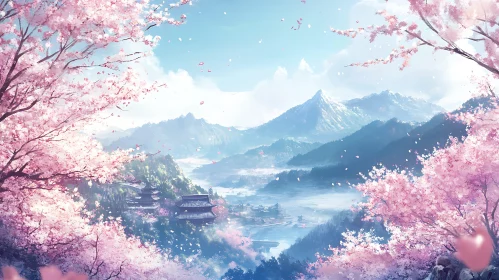 Serene Mountain View with Cherry Blossoms