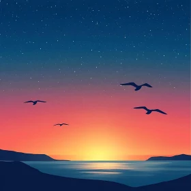 Serene Seascape at Sunset with Birds