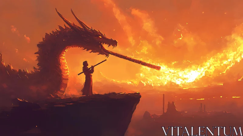 AI ART Warrior and Dragon in Fiery Landscape