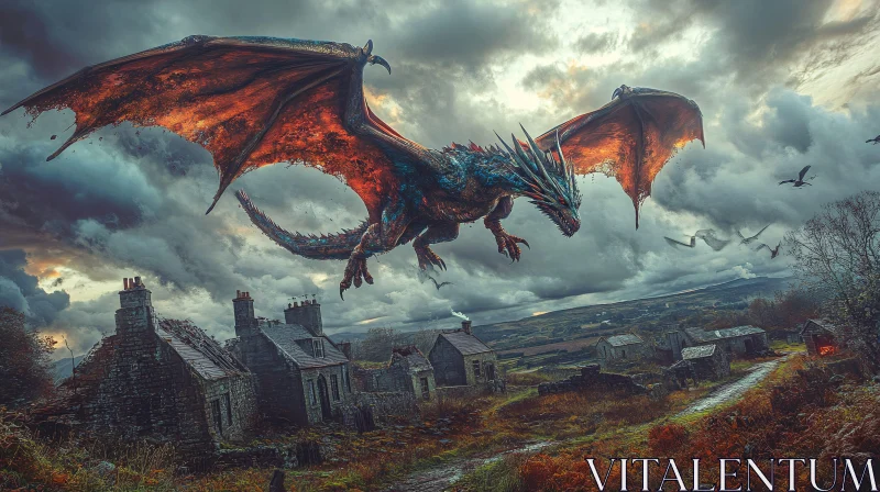 AI ART Fantasy Dragon Over Village Landscape Art