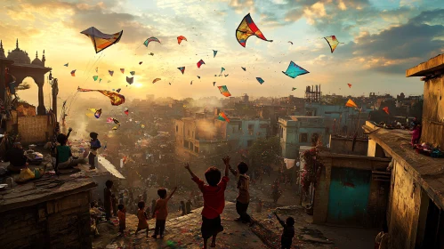 Children's Kite Flying Over Indian City