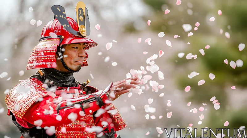 Warrior in Red Armor with Falling Petals AI Image