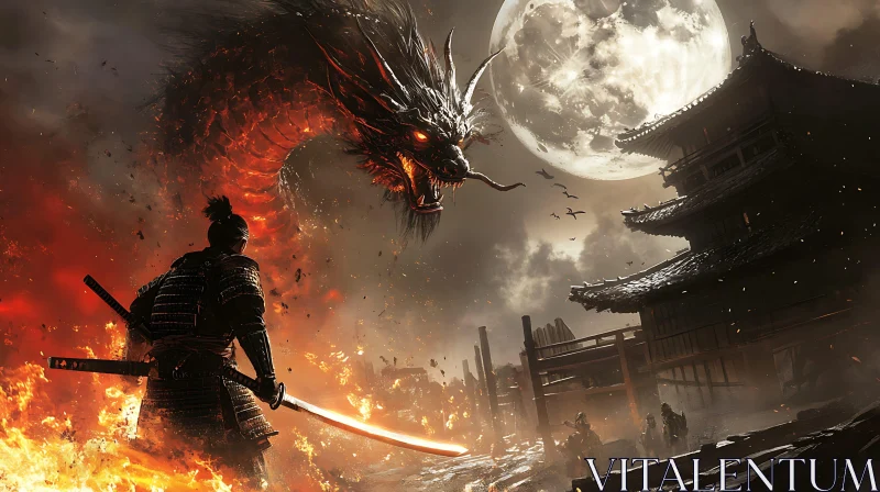 AI ART Warrior Facing Dragon in Burning City