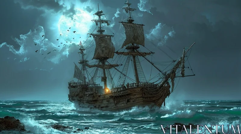 Mysterious Wooden Ship Battling Stormy Waves AI Image