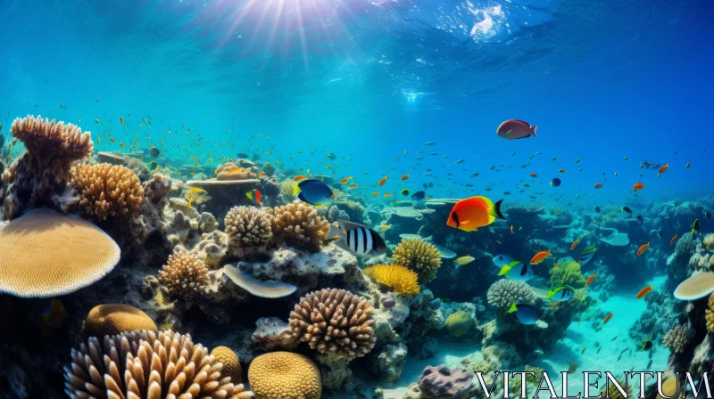 Sun-soaked Underwater View of Coral Reef and Tropical Fish AI Image