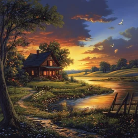 Lakeside Cabin at Dusk