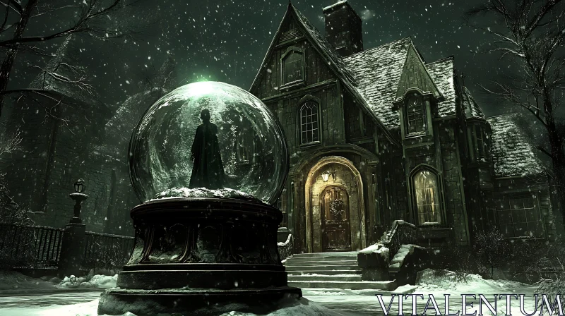 Enchanted Winter Estate with Snow Globe AI Image