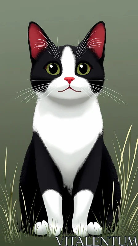 Illustrated Tuxedo Cat in Grass AI Image