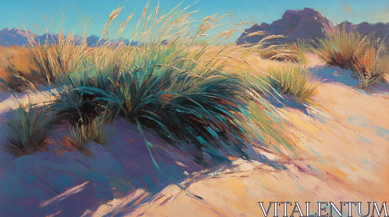 AI ART Desert Grass and Sunlit Mountains Art