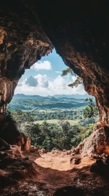 Scenic Cave View with Green Landscape and Mountains