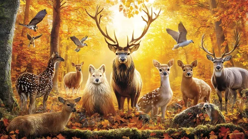 Golden Forest Gathering of Deer