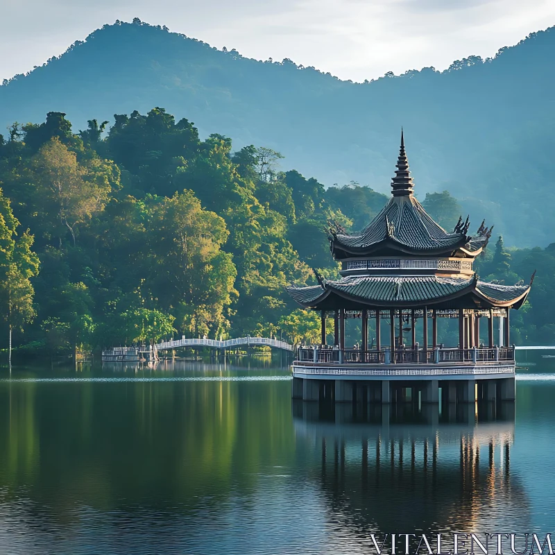 Pavilion on Lake with Mountain Backdrop AI Image