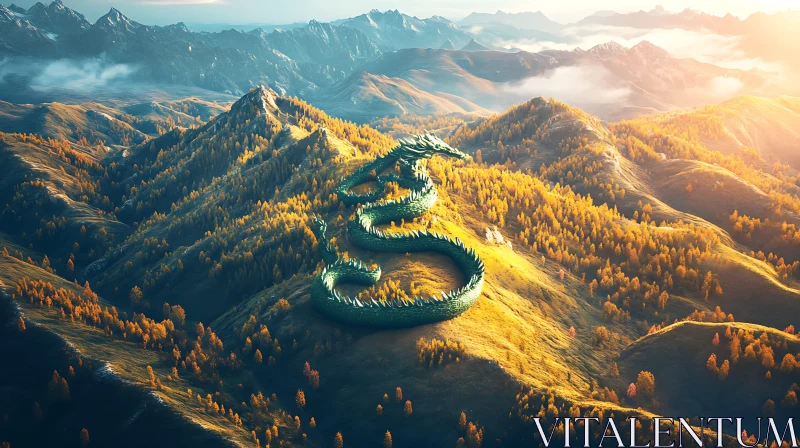 Serpentine Dragon on Golden Peaks AI Image