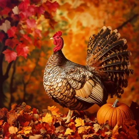 Turkey in Fall Foliage with Pumpkin