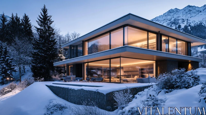 Contemporary Glass House in Snowy Mountains AI Image