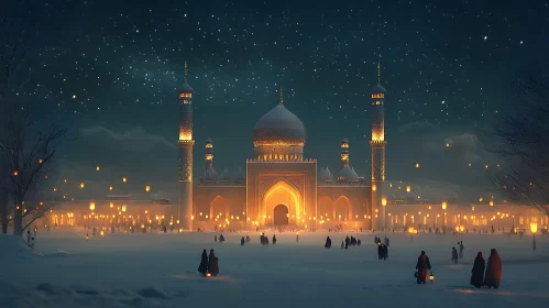 Illuminated Mosque in Winter Landscape