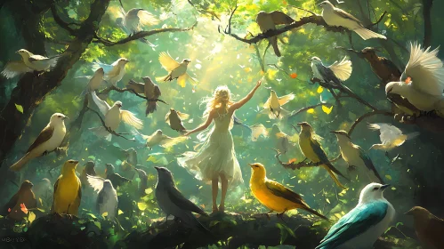 Woman and Birds in Forest Art