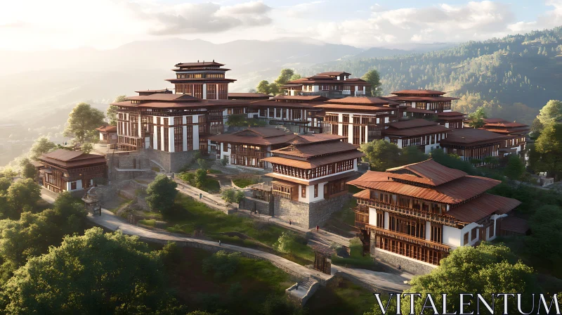 AI ART Tranquil Bhutanese Buildings on Green Hillside