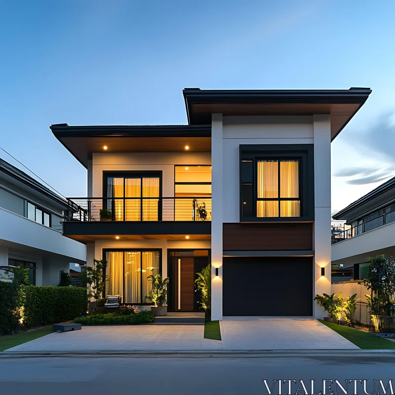 Contemporary Residential Home with Lighted Facade AI Image