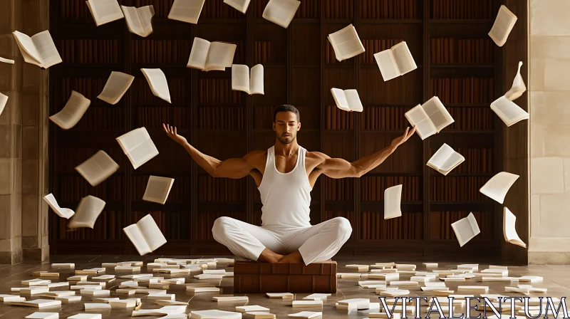 AI ART Intellectual Harmony: Man Meditating Among Books