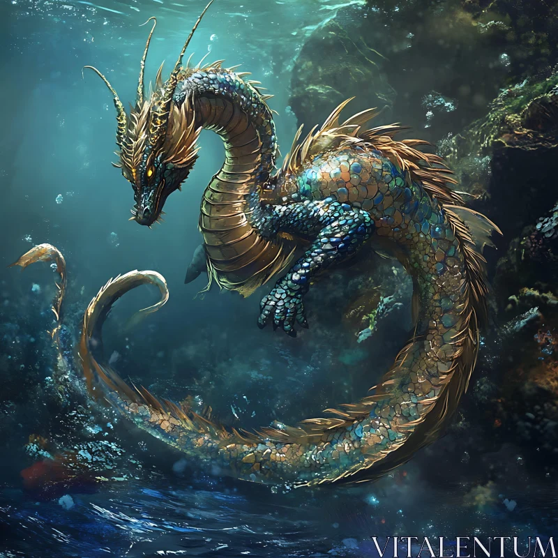 Dragon Swimming in the Deep Sea AI Image