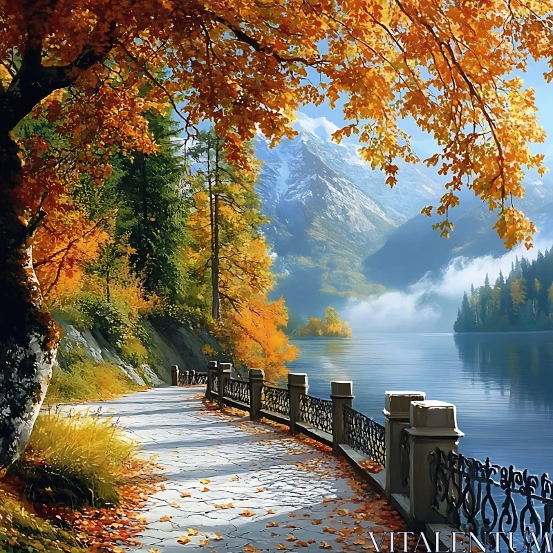 Tranquil Pathway by a Lake in Fall AI Image