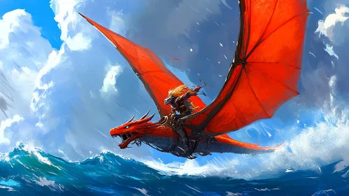 Red Dragon and Warrior Above Ocean