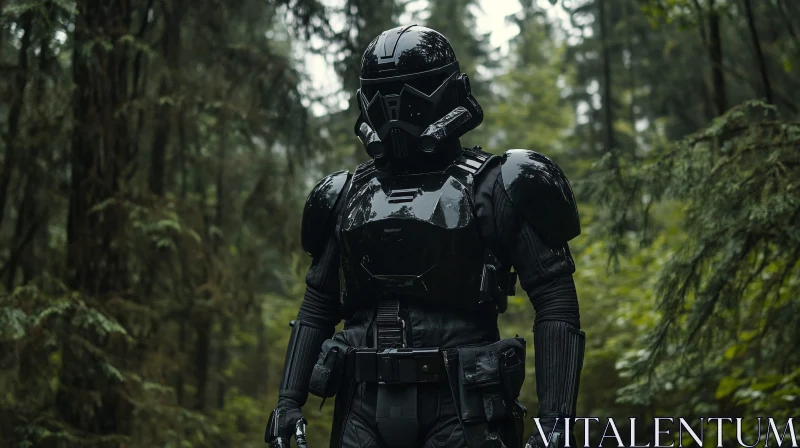 Black Armor in Verdant Woods AI Image