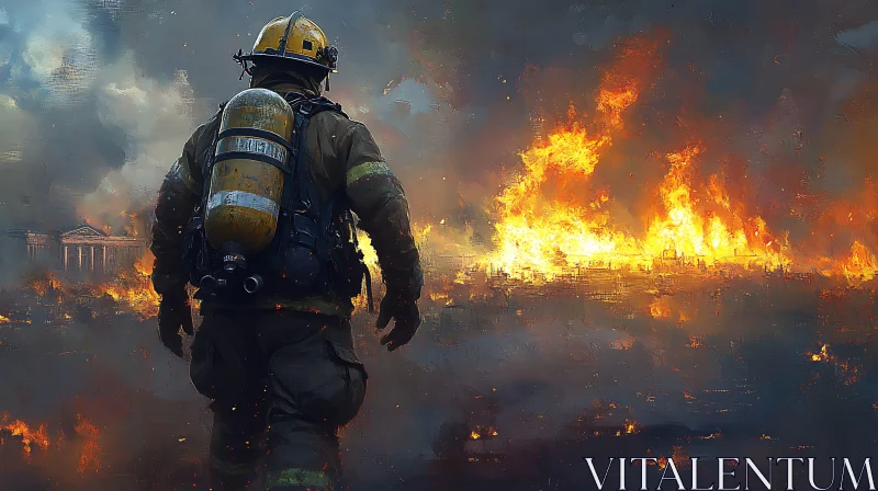 Firefighter in Action Amidst Flames AI Image