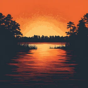Orange Sunset Over Calm Lake