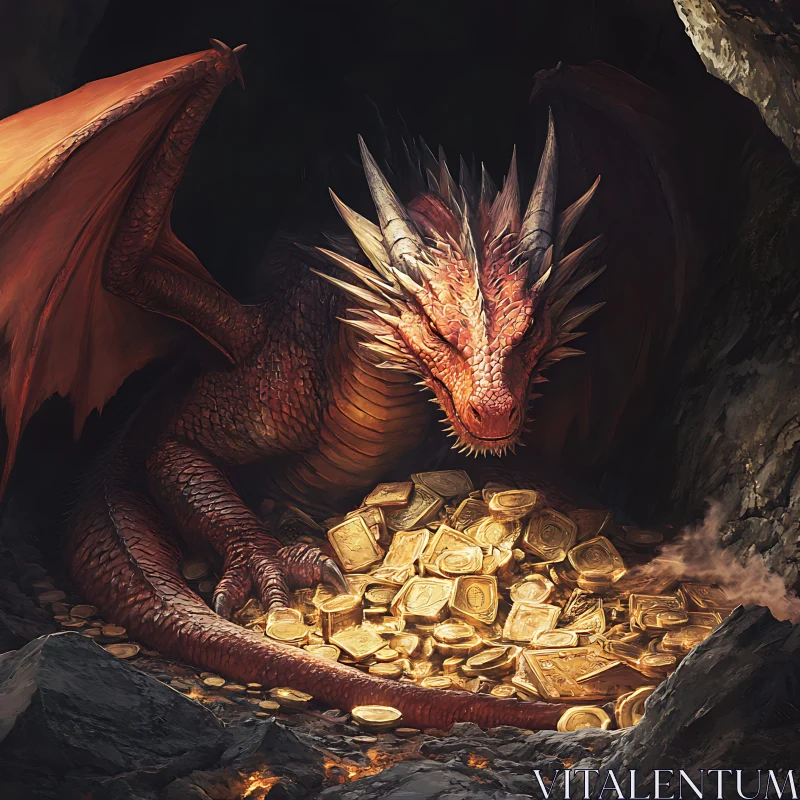 Red Dragon guarding gold in cave AI Image