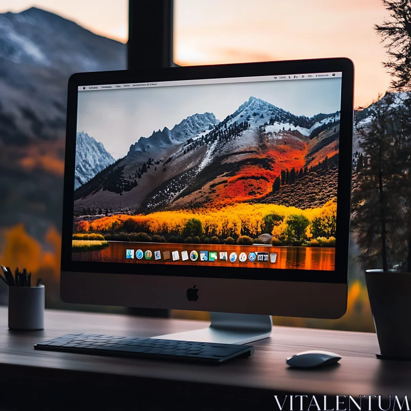 Elegant Desktop Setup with Scenic Mountain View AI Image