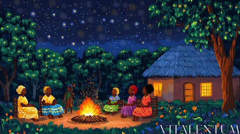 AI ART Women by the Fire Under Starry Night