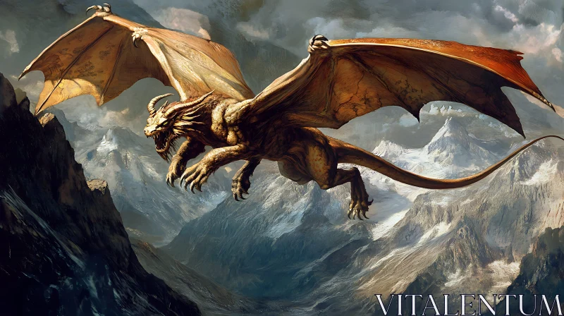 Dragon Soaring Above Snowy Mountains AI Image