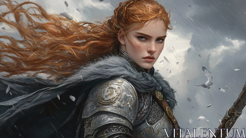 AI ART Female Warrior with Red Hair in the Rain