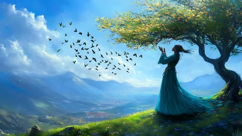Serene Landscape with Woman and Birds