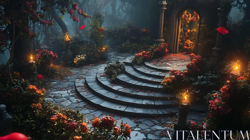 AI ART Mystical Garden Steps with Floral Illumination