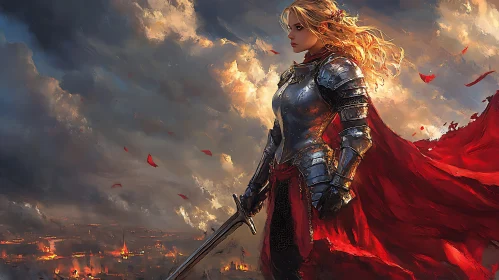 Female Knight with Sword over Burning City