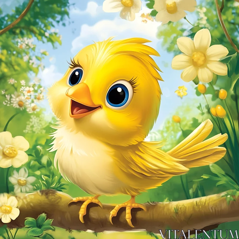 Cartoon Bird with Flowers AI Image