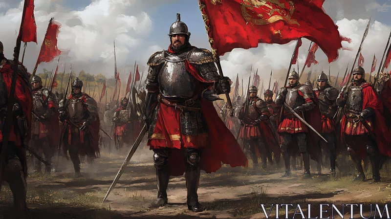 Medieval Warriors with Red Flag AI Image