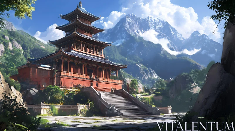 AI ART Asian Temple with Mountain Backdrop