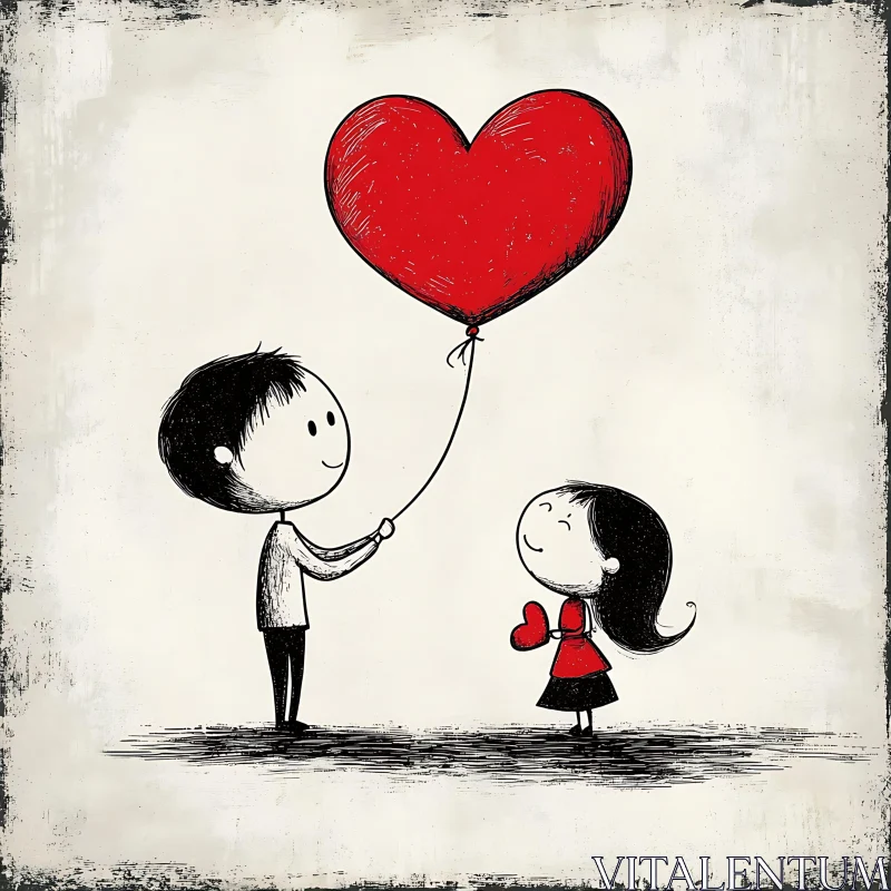 Cartoon Couple with Heart Balloon AI Image