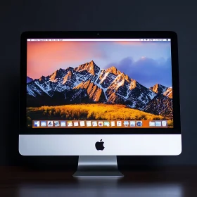 Sleek Desktop with Sunset Mountain Screen