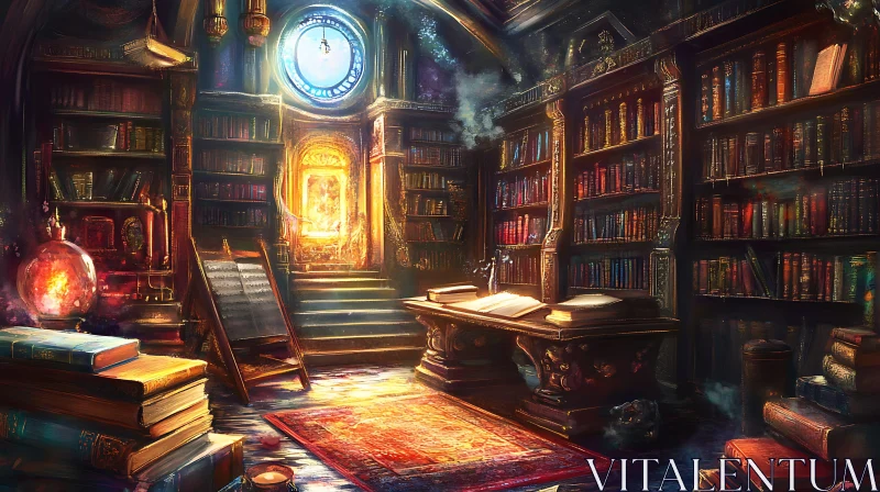 AI ART Vintage Library with Books and Glowing Doorway