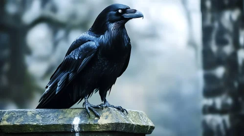 Black Raven Perched on Stone Structure