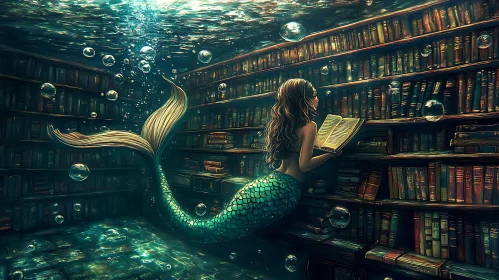 Aquatic Reader: Mermaid in Submerged Library