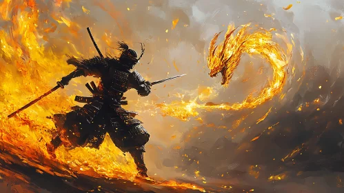 Fiery Dragon Confrontation with Sword Wielding Warrior