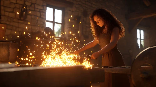 Woman Blacksmith Working at Forge